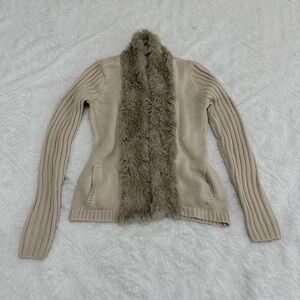 Women's Beige Sweater with Faux Fur Trim